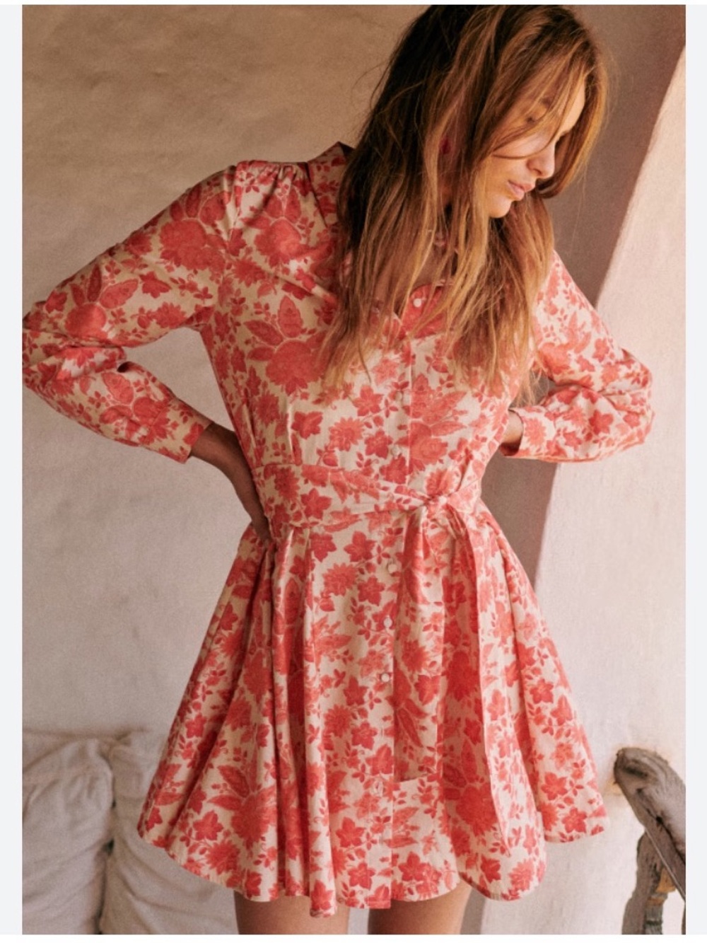 Sezane Coral and Cream Floral Button-Front Mini Dress